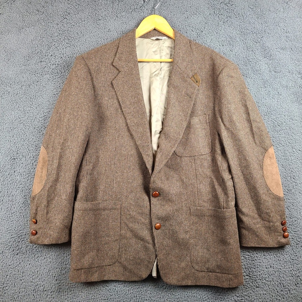 Orvis Mens 42R Wool Blazer Brown Houndstooth Elbow Patches Made in USA 2143